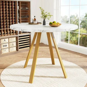 Eettafel – 80 x 80 x 75 cm – ronde tafel voor 4 personen – gouden metalen poten – MDF + metaal – wit Eettafel – 80 x 80 x 75 cm – ronde tafel voor 4 personen – gouden metalen poten – MDF + metaal – wit