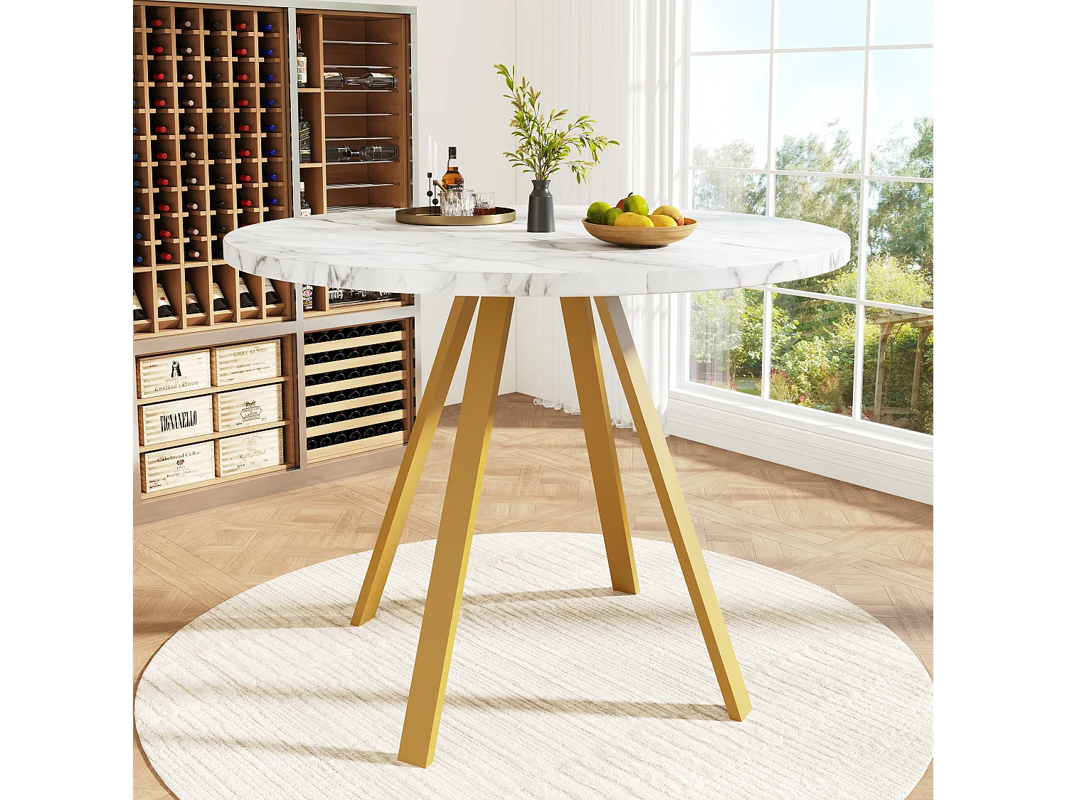 Eettafel - 80 x 80 x 75 cm - ronde tafel voor 4 personen - gouden metalen poten - MDF + metaal - wit