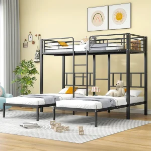 Driepersoons mezzaninebed 90x200x3cm met opbergplank, lattenbodem, zwart metalen frame