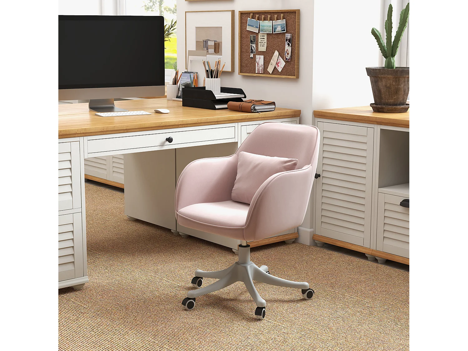 Ergonomische bureaustoel in roze fluweel met USB-lendenmassage en hoogteverstelling