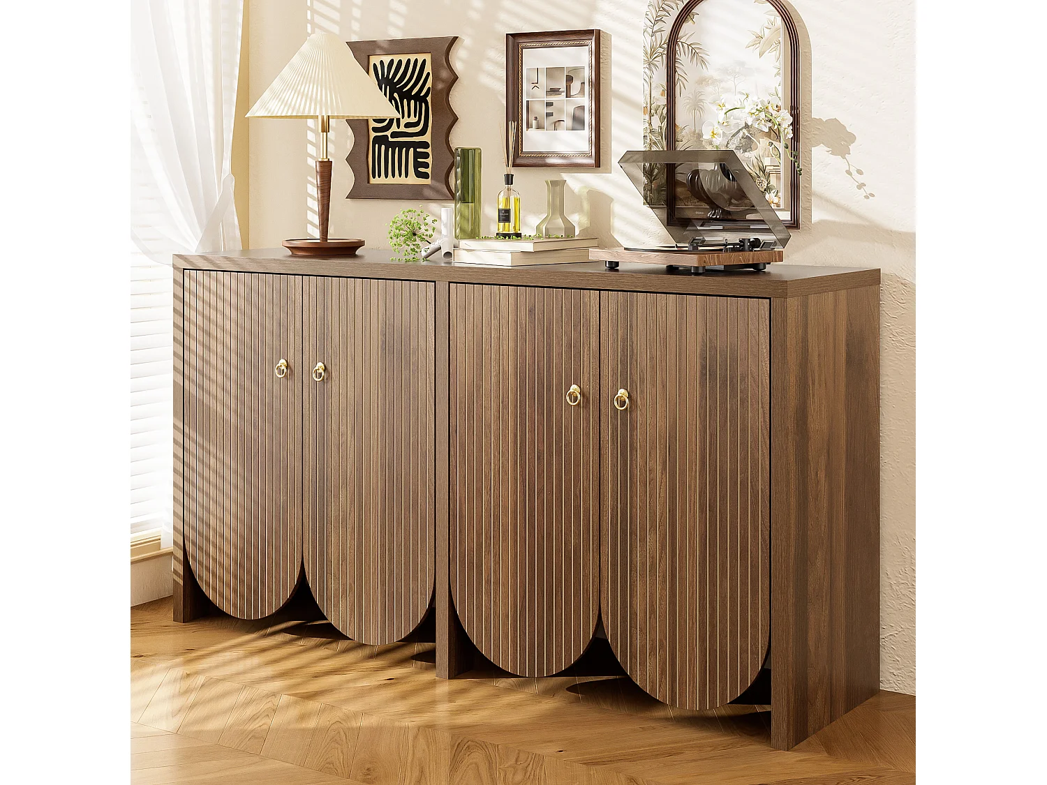 Elegante buffetkast in notenhoutlook - 147 x 40 x 80 cm - met 4 deuren + verstelbare planken - MDF - naturel