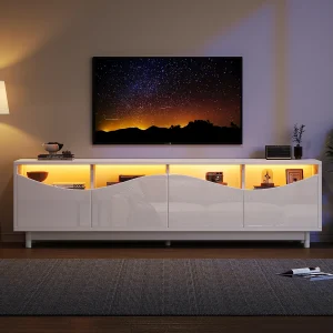 Gebogen design tv-meubel, glanzend wit, 1 lade, 3 deuren, 2 glazen planken, verstelbare led (175x38x51cm)
