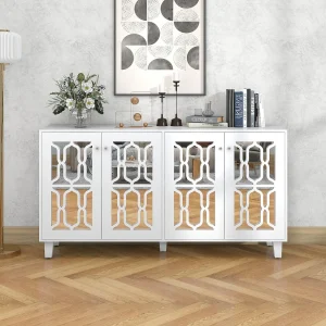 Elegant dressoir met witte spiegel, veelzijdig dressoir – 4 deuren, verstelbare plank Elegant dressoir met witte spiegel, veelzijdig dressoir – 4 deuren, verstelbare plank