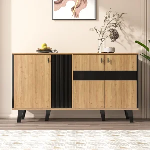 Dressoir met LED-verlichting – Moderne ladekast met 3 deuren en glas – Houtkleur Dressoir met LED-verlichting – Moderne ladekast met 3 deuren en glas – Houtkleur