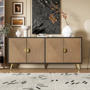 Dressoir voor de woonkamer met 4 deuren, geborstelde gouden handgrepen en glanzende tafelpoten, zwart