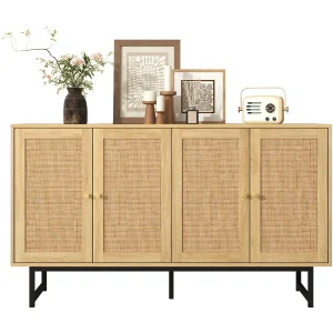 Dressoir met 4 deuren en 18 vakken, met rotan details, zwarte metalen poten, hout (140×39,5×80 cm) Dressoir met 4 deuren en 18 vakken, met rotan details, zwarte metalen poten, hout (140×39,5×80 cm)