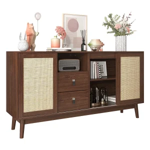 Dressoir met 3 echte rotan deuren, 2 lades, 2 open vakken, hout (155x38x80 cm) Dressoir met 3 echte rotan deuren, 2 lades, 2 open vakken, hout (155x38x80 cm)