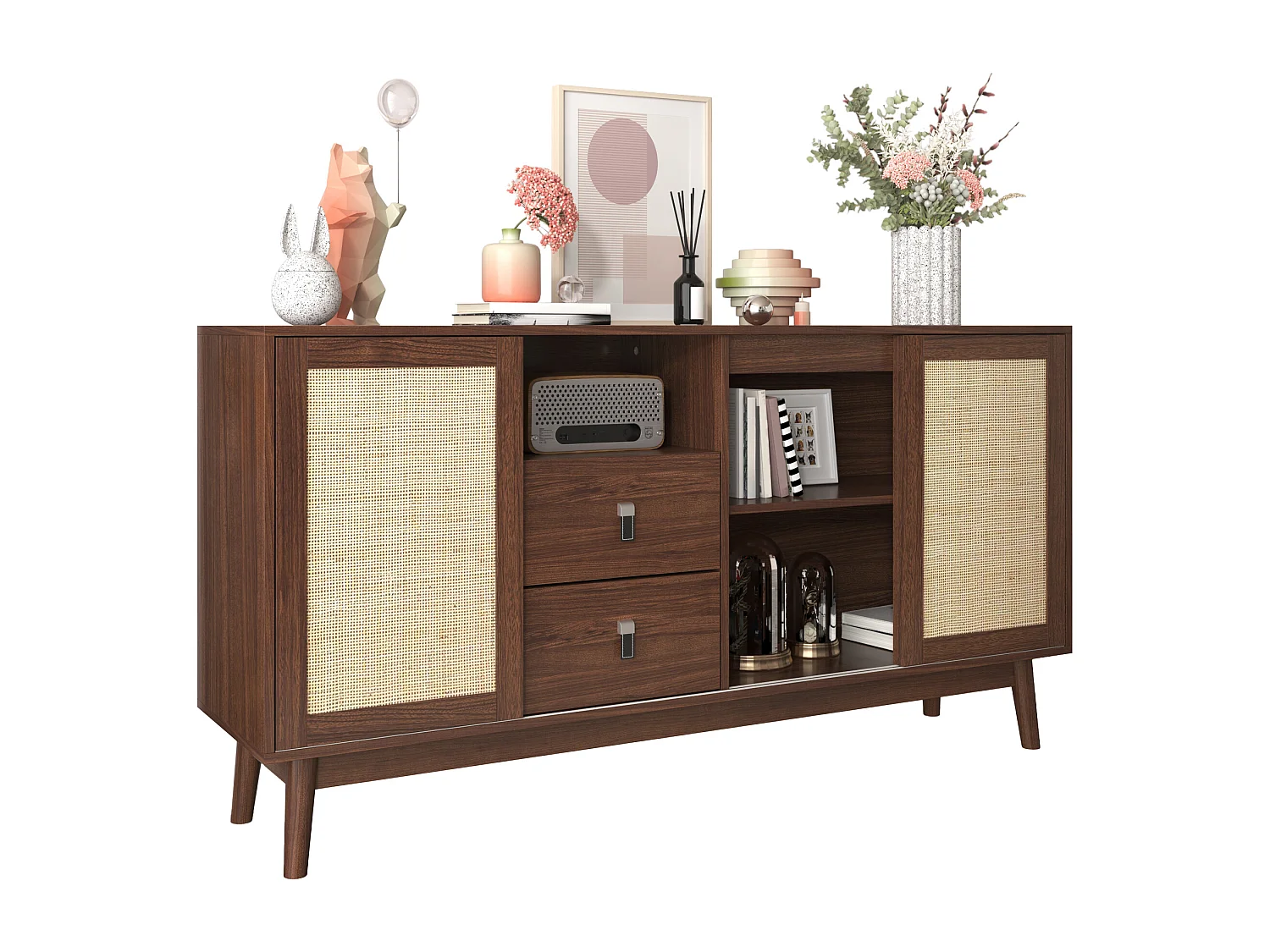 Dressoir met 3 echte rotan deuren, 2 lades, 2 open vakken, hout (155x38x80 cm)