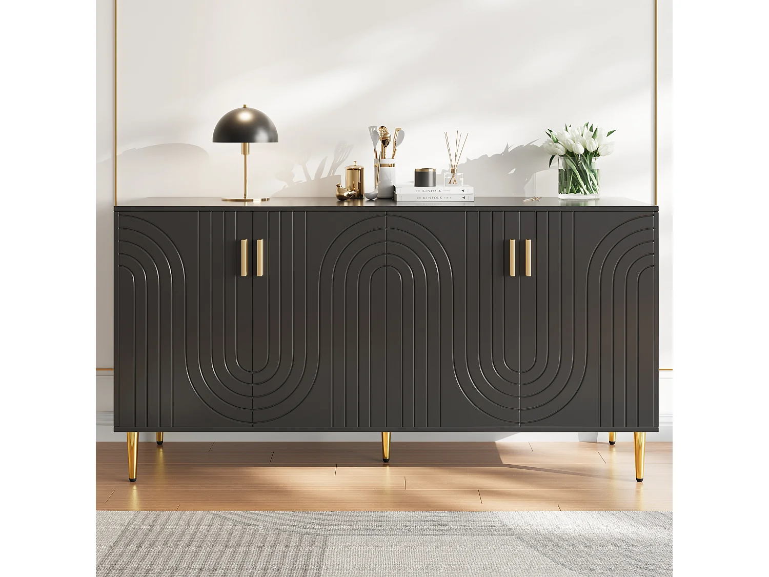Dressoir met 3 rotandeuren, 2 lades, hout (152x40x75 cm)