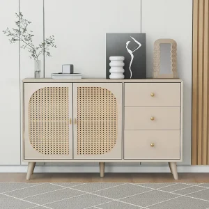 Dressoir met 2 deuren en 3 laden, gemaakt van spaanplaat, crèmekleur (120x40x82,5 cm) Dressoir met 2 deuren en 3 laden, gemaakt van spaanplaat, crèmekleur (120x40x82,5 cm)