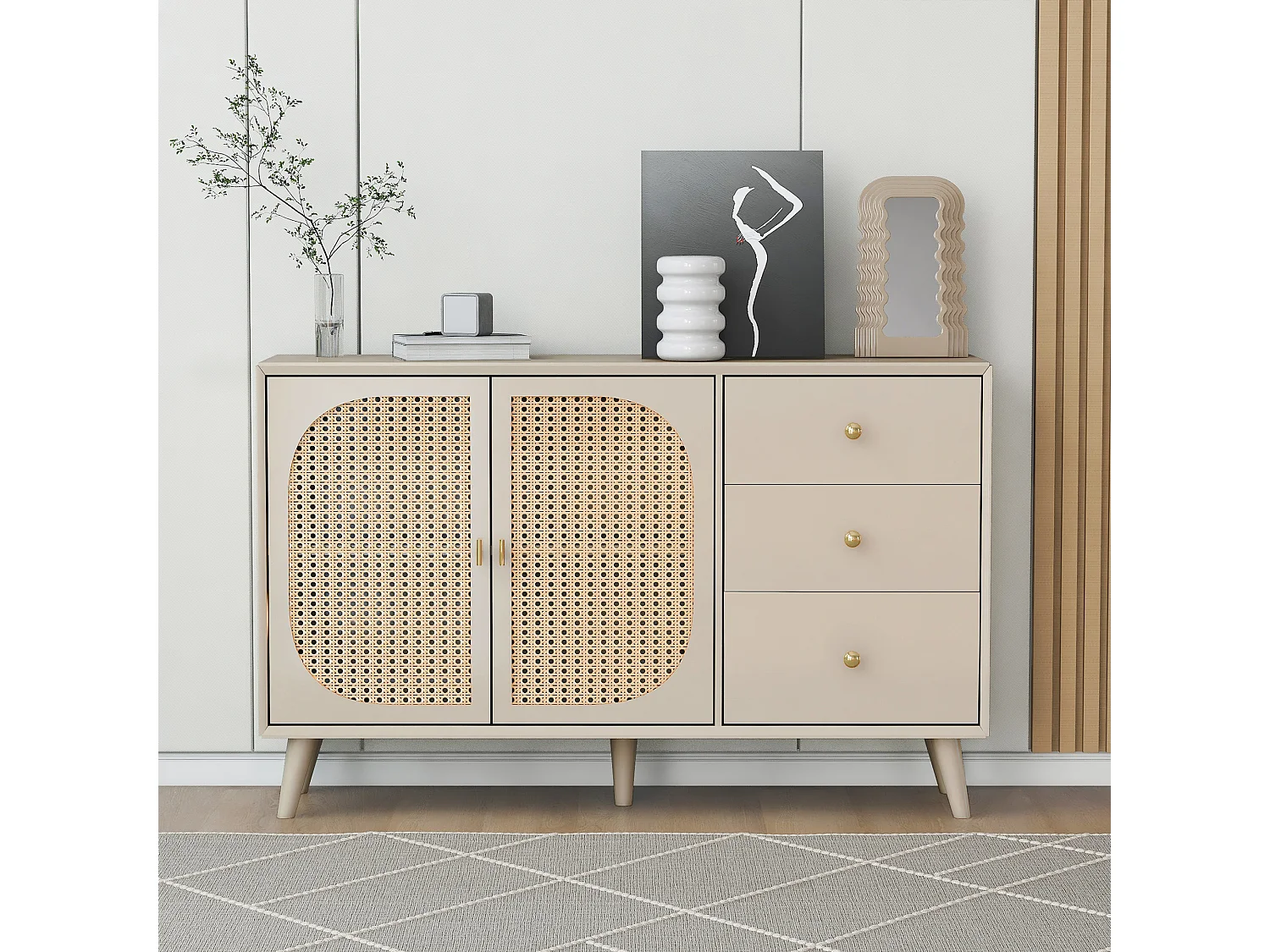 Dressoir met 2 deuren en 3 laden, gemaakt van spaanplaat, crèmekleur (120x40x82,5 cm)