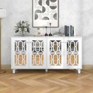 Dressoir met 4 deuren en verstelbare planken, witte spiegel, MDF (160x40x84 cm) Dressoir met 4 deuren en verstelbare planken, witte spiegel, MDF (160x40x84 cm)