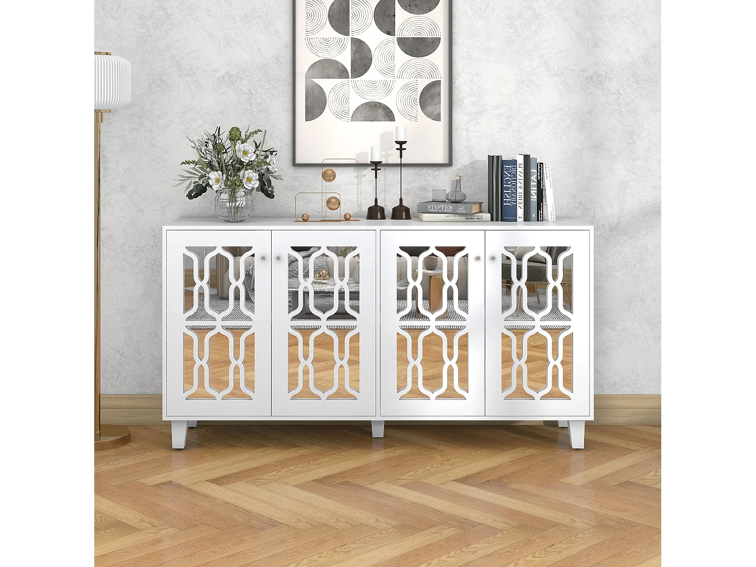 Dressoir met 4 deuren en verstelbare planken, witte spiegel, MDF (160x40x84 cm)