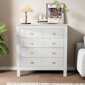 Dressoir met 5 laden en speciale deuren, met gouden handgrepen, gemaakt van spaanplaat, wit (79×39,5×80,5 cm) Dressoir met 5 laden en speciale deuren, met gouden handgrepen, gemaakt van spaanplaat, wit (79×39,5×80,5 cm)