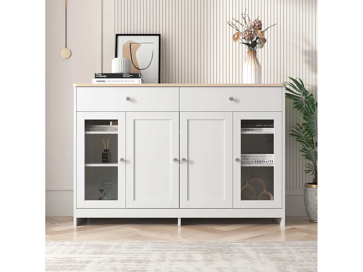Dressoir met 4 deuren en 2 laden, hout en wit design, MDF (120x37x80 cm)