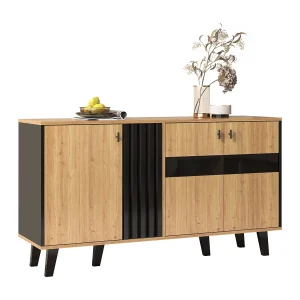Dressoir met 4 deuren, hout en zwart, met LED-verlichting, glas, MDF, (140×78,5×41 cm) Dressoir met 4 deuren, hout en zwart, met LED-verlichting, glas, MDF, (140×78,5×41 cm)