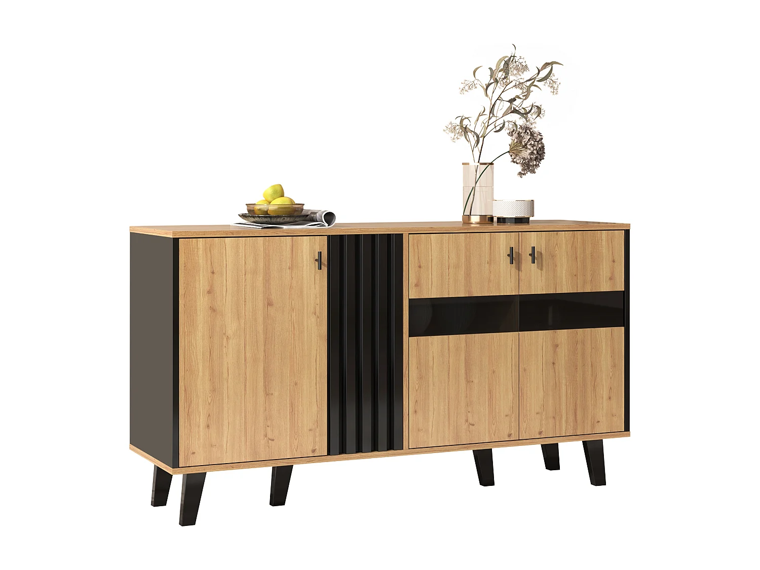 Dressoir met 4 deuren, hout en zwart, met LED-verlichting, glas, MDF, (140x78,5x41 cm)