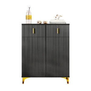 Elegant dressoir met structuurpanelen, verstelbare planken en gouden details, gemaakt van spaanplaat, zwart (83x35x101 cm) Elegant dressoir met structuurpanelen, verstelbare planken en gouden details, gemaakt van spaanplaat, zwart (83x35x101 cm)