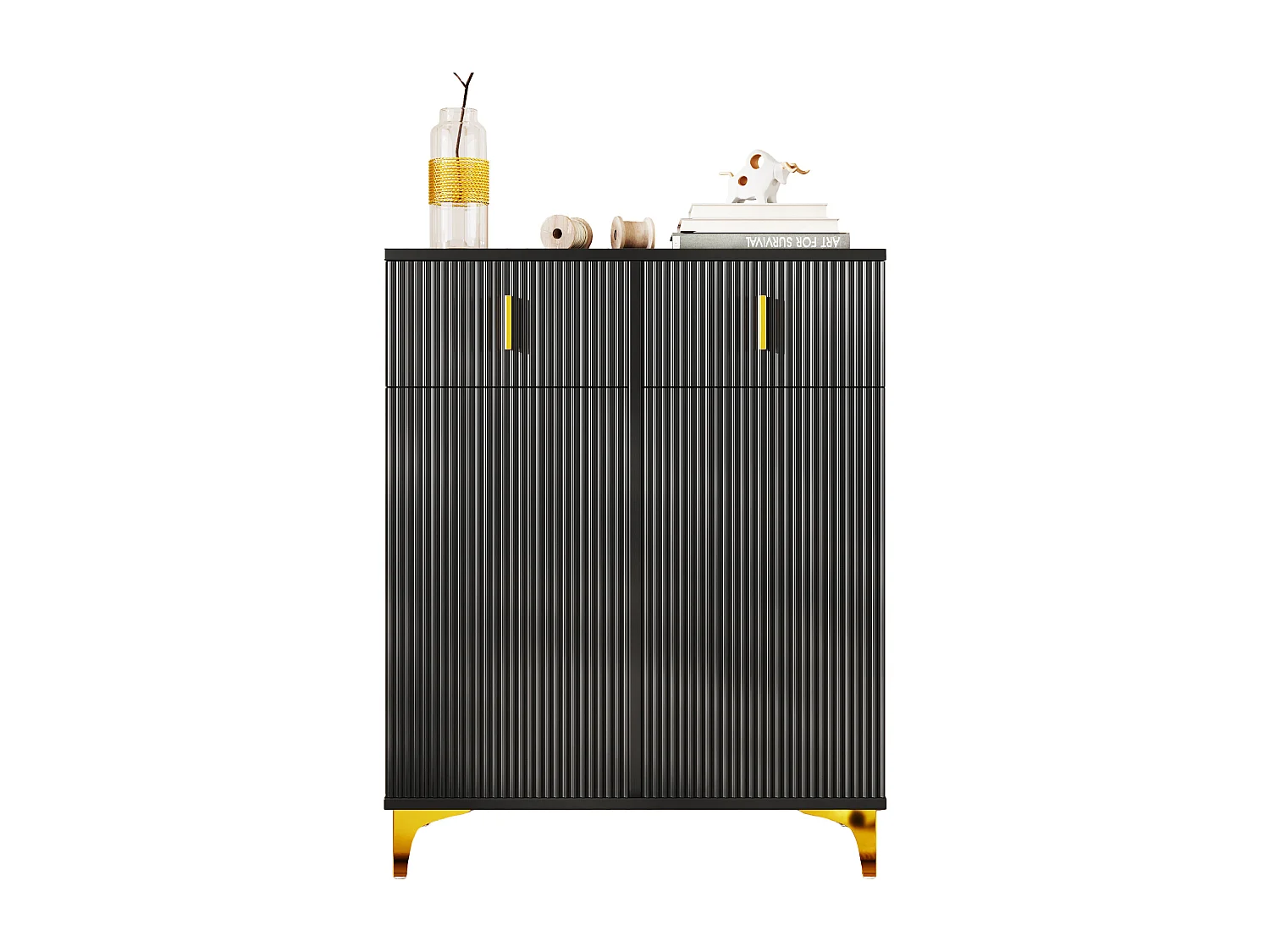 Elegant dressoir met structuurpanelen, verstelbare planken en gouden details, gemaakt van spaanplaat, zwart (83x35x101 cm)