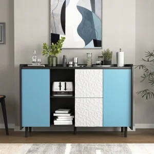 Dressoir met 2 lades, 2 open planken en blauwe deuren, moderne opbergkast in zwart en blauw MDF (120x40x80 cm) Dressoir met 2 lades, 2 open planken en blauwe deuren, moderne opbergkast in zwart en blauw MDF (120x40x80 cm)