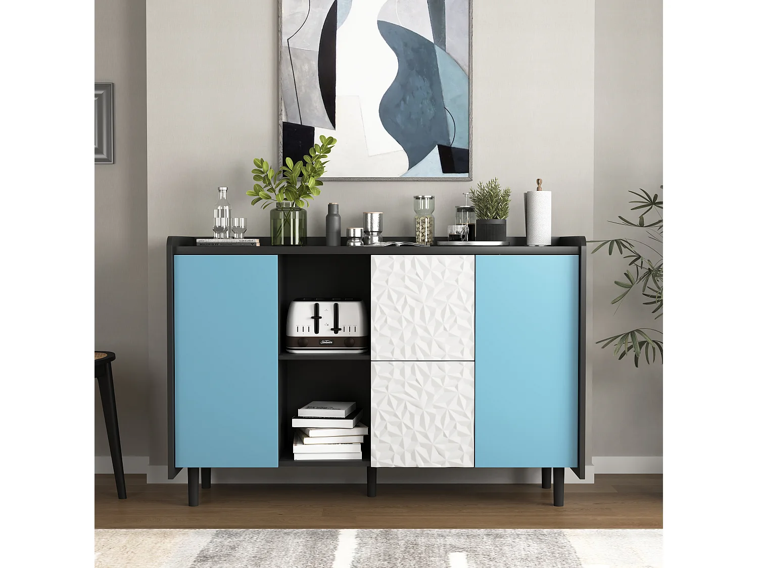 Dressoir met 2 lades, 2 open planken en blauwe deuren, moderne opbergkast in zwart en blauw MDF (120x40x80 cm)