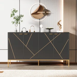 Dressoir met 4 deuren, metalen poten, MDF, zwart+goud (150x40x80 cm) Dressoir met 4 deuren, metalen poten, MDF, zwart+goud (150x40x80 cm)