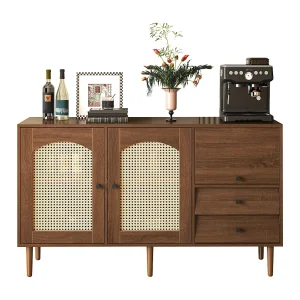 Dressoir, landelijke stijl, rotandeuren, 3 verstelbare planken, spaanplaat, natuurlijk hout (130x40x75,5 cm)