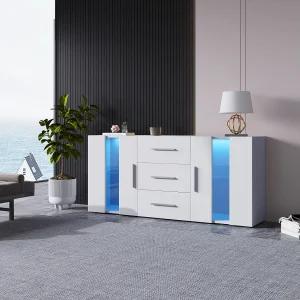 Dressoir met 16 LED-kleuren, 2 deuren, 2 lades, MDF, eiken, (140x35x70 cm) Dressoir met 16 LED-kleuren, 2 deuren, 2 lades, MDF, eiken, (140x35x70 cm)