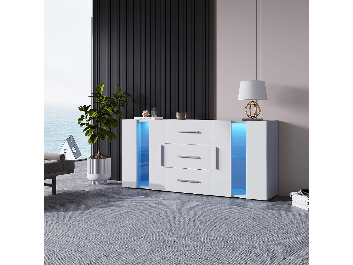 Dressoir met 16 LED-kleuren, 2 deuren, 2 lades, MDF, eiken, (140x35x70 cm)