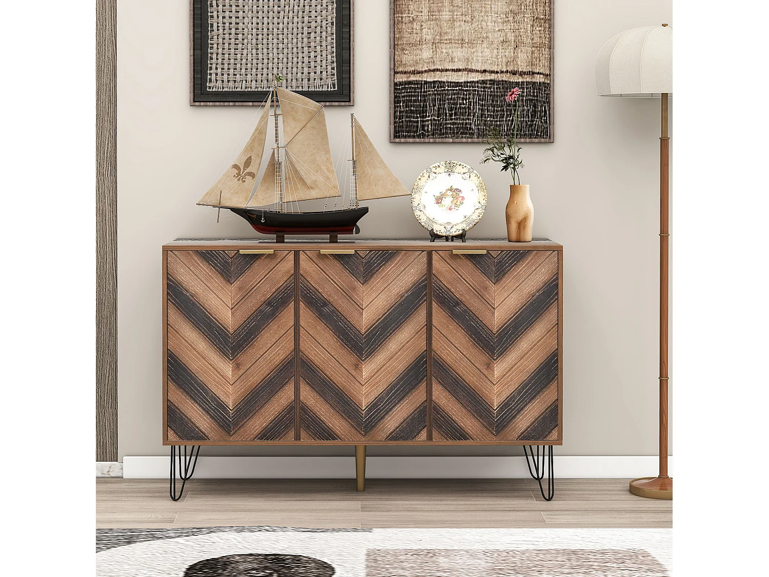 Dressoir met 3 deuren, elegant design, houten deuren en gouden details, MDF, naturel en zwart (120x38x76,5 cm)