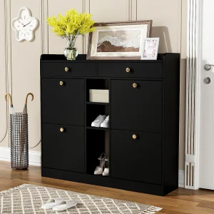 Dressoir met 4 deuren, 2 laden, modern design, zwart en hout, spaanplaat (110x26x100 cm) Dressoir met 4 deuren, 2 laden, modern design, zwart en hout, spaanplaat (110x26x100 cm)