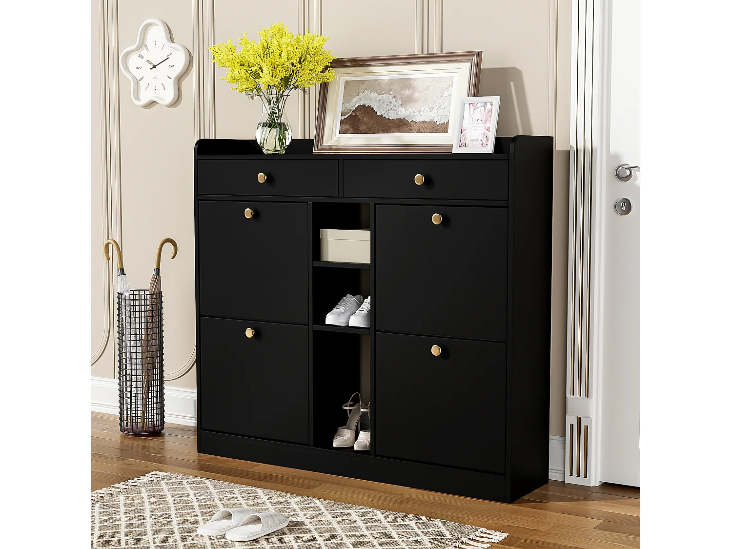 Dressoir met 4 deuren, 2 laden, modern design, zwart en hout, spaanplaat (110x26x100 cm)