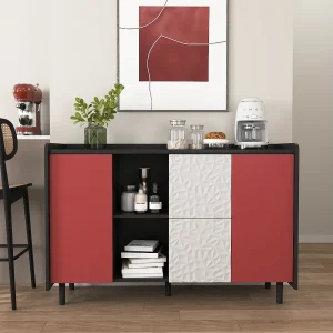 Dressoir met 2 lades, 2 open planken en rode deuren, moderne opbergkast in zwart en rood MDF (120x40x80 cm) Dressoir met 2 lades, 2 open planken en rode deuren, moderne opbergkast in zwart en rood MDF (120x40x80 cm)