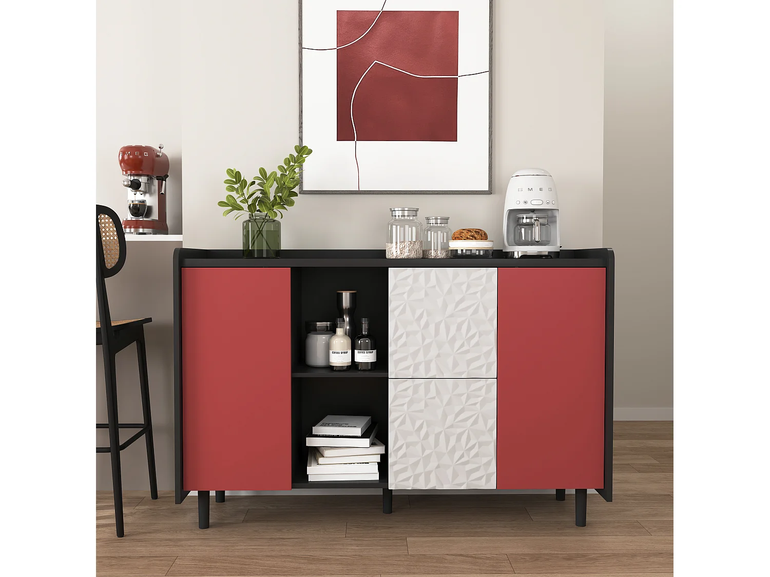 Dressoir met 2 lades, 2 open planken en rode deuren, moderne opbergkast in zwart en rood MDF (120x40x80 cm)