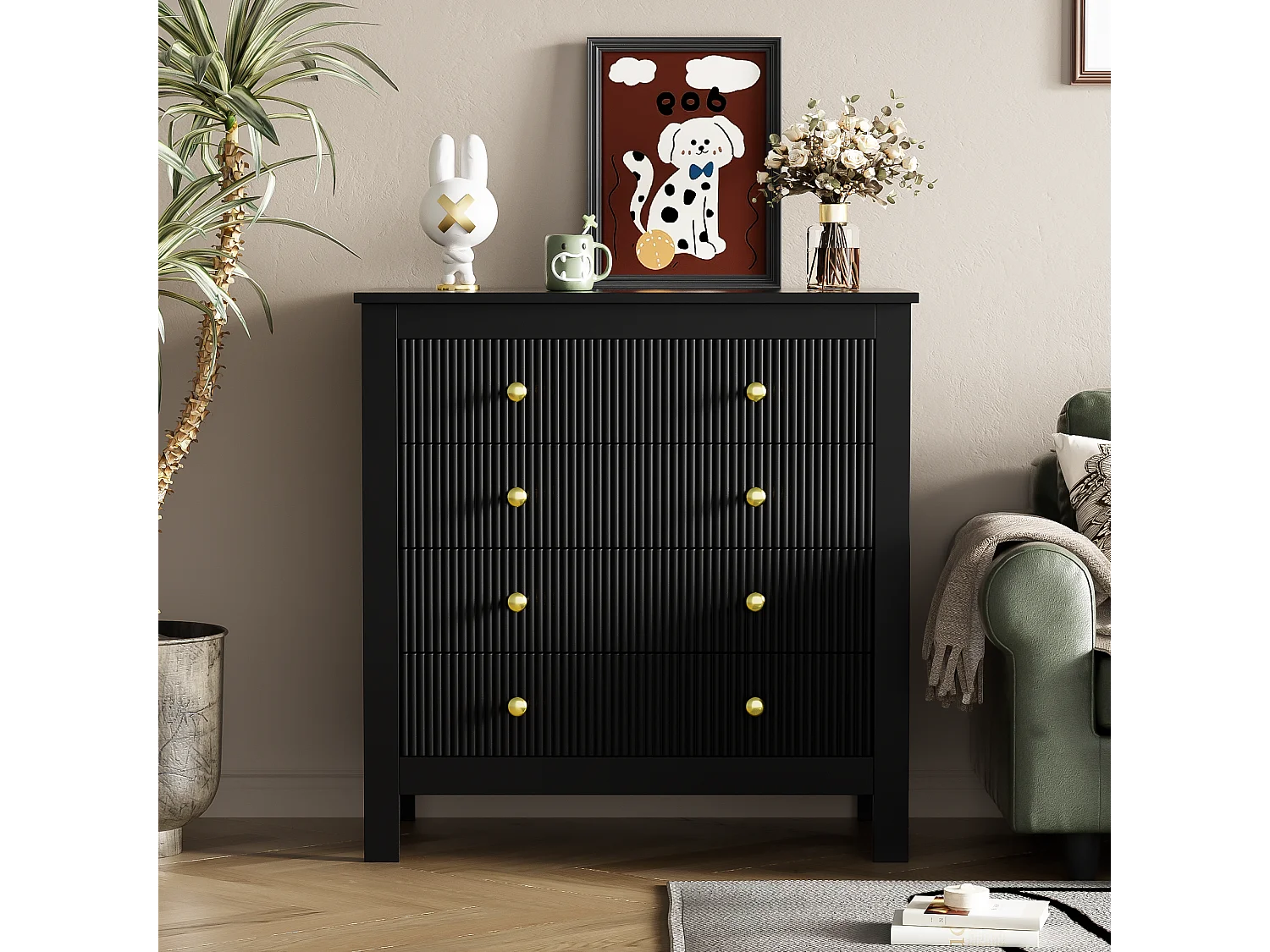 Dressoir met 5 laden en speciale deuren, modern design, MDF, zwart (79x39,5x80,5 cm)