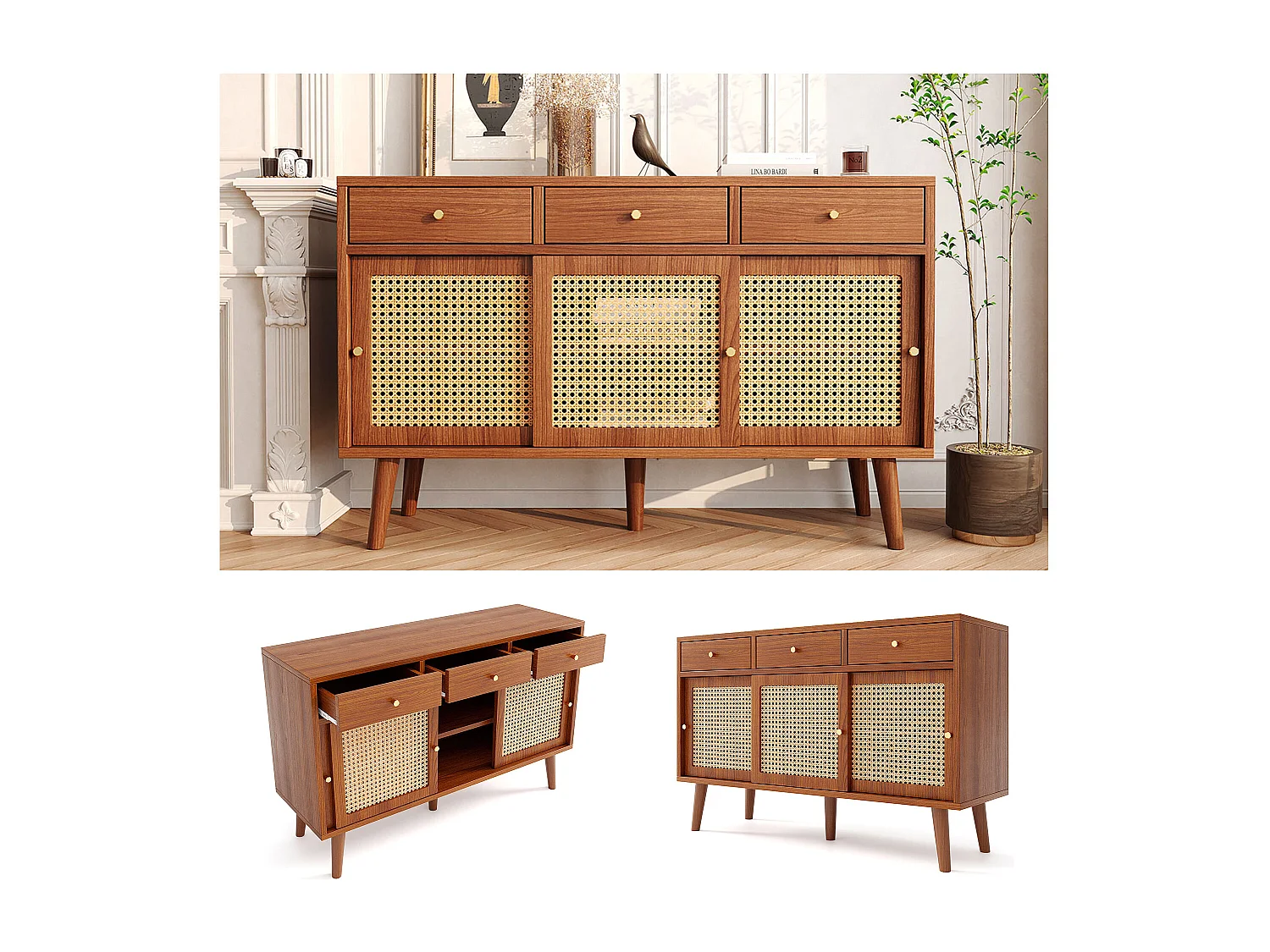 Dressoir met 3 laden en 3 glazen schuifdeuren, modern design, MDF, walnootkleur (120x40x78 cm)