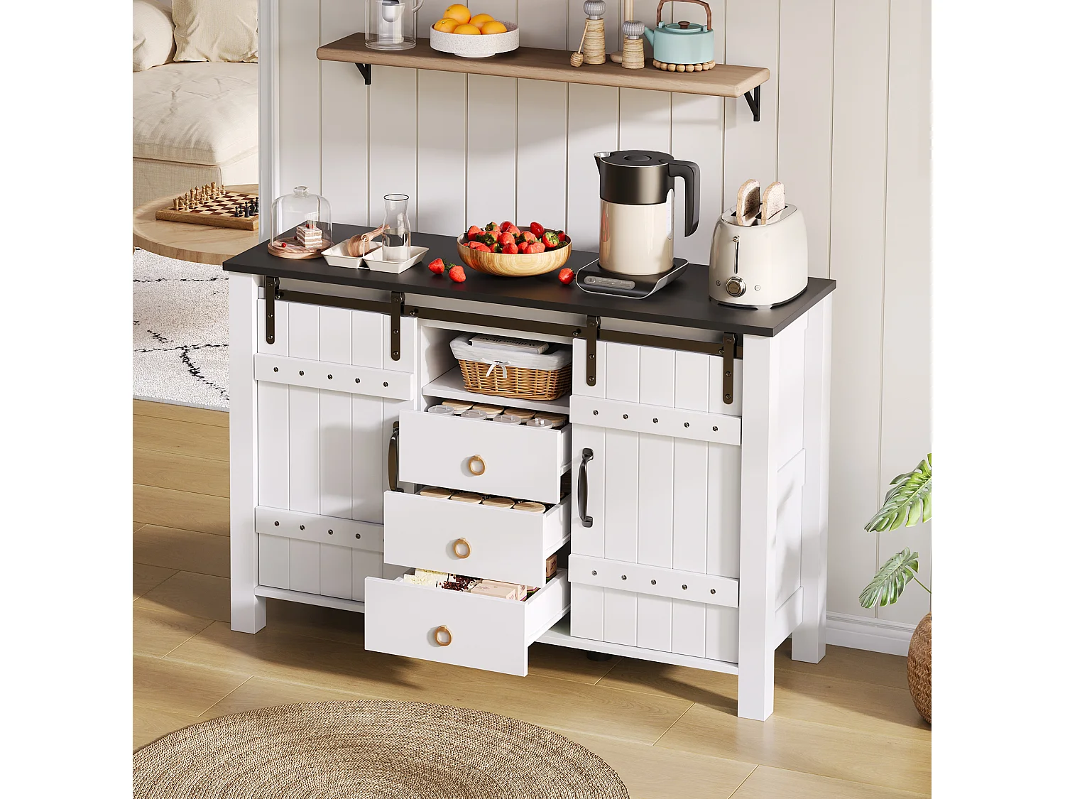 Dressoir met 3 laden en schuifdeuren, MDF, Wit, (120x40x80 cm)