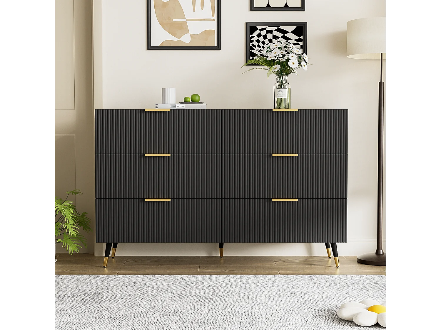 Elegant dressoir met laden en deuren, MDF, zwart en goud (120x40x77 cm)