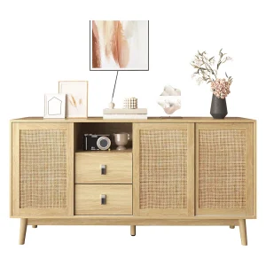 Dressoir met 3 rotan schuifdeuren, 2 lades, MDF, hout (155x38x80 cm)