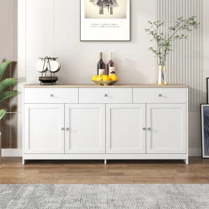 Dressoir met 3 laden en 4 deuren, hout en wit, MDF (160x37x75 cm) Dressoir met 3 laden en 4 deuren, hout en wit, MDF (160x37x75 cm)