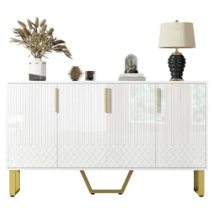 Dressoir met 4 deuren, geometrisch ontwerp, metaal en MDF, wit, (140x40x80 cm) Dressoir met 4 deuren, geometrisch ontwerp, metaal en MDF, wit, (140x40x80 cm)