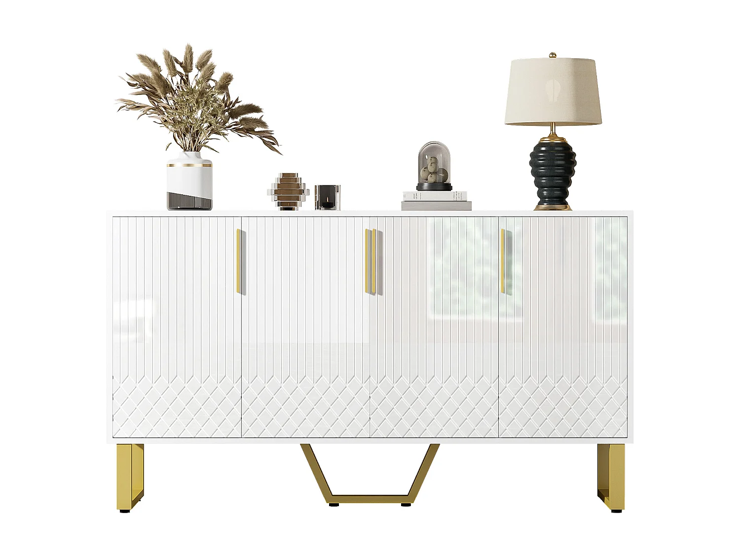 Dressoir met 4 deuren, geometrisch ontwerp, metaal en MDF, wit, (140x40x80 cm)