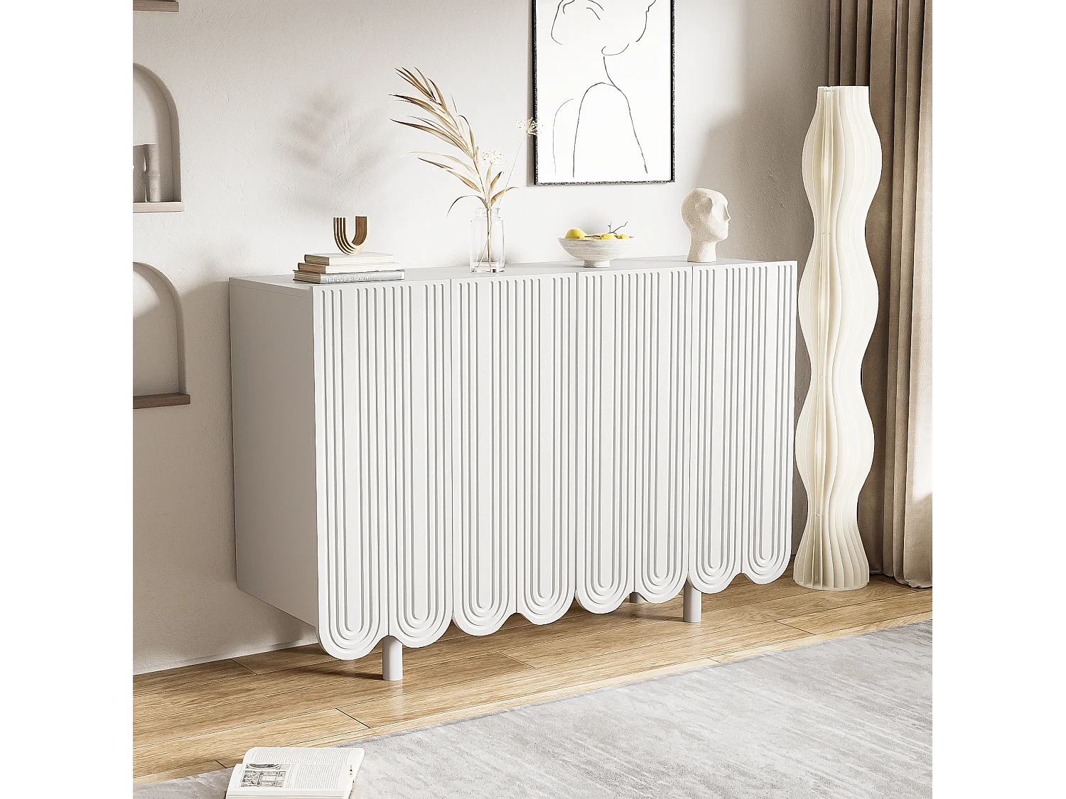 Dressoir met gebeeldhouwde druppelvormige deuren, modern design, MDF, wit (120x37,5x80,8 cm)