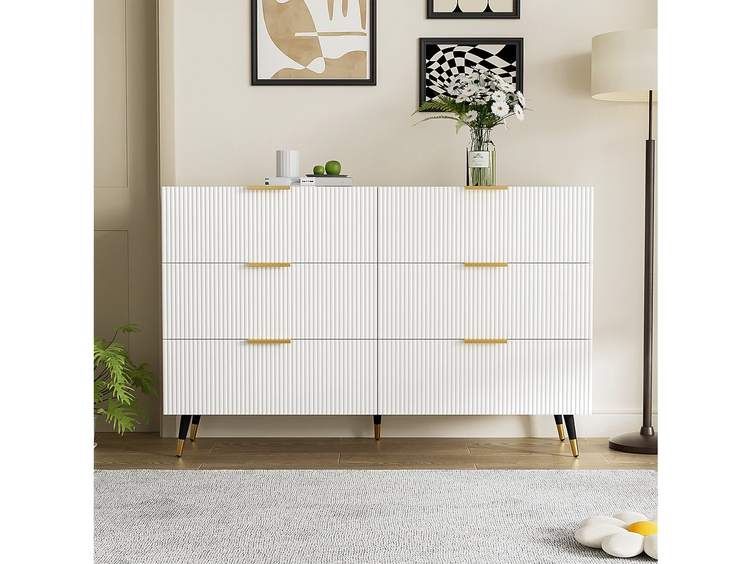 Elegant dressoir met 6 lades, MDF, wit en goud (120x40x77 cm)