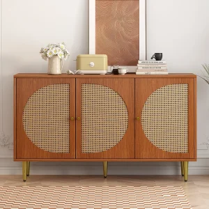 Dressoir met 3 rotandeuren, opbergkast, met metalen handgrepen, voor woonkamer, slaapkamer en kantoor, walnoot (129,8x40x76 cm)