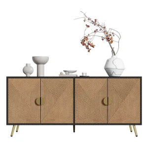 Dressoir met 4 deuren, 4 laden, met gouden elementen, MDF, zwart en hout, (160x40x75 cm) Dressoir met 4 deuren, 4 laden, met gouden elementen, MDF, zwart en hout, (160x40x75 cm)