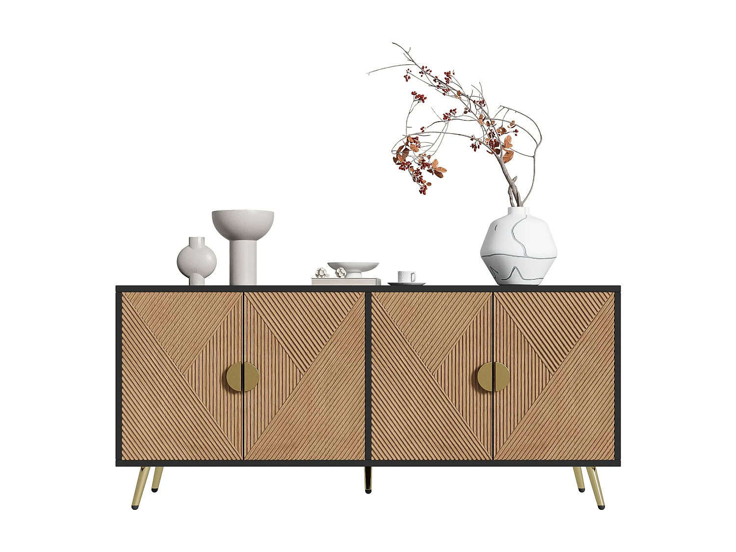 Dressoir met 4 deuren, 4 laden, met gouden elementen, MDF, zwart en hout, (160x40x75 cm)