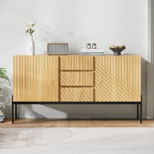 Dressoir met 2 deuren en 3 laden, metalen poten, MDF, zwart + goud (150x40x75 cm) Dressoir met 2 deuren en 3 laden, metalen poten, MDF, zwart + goud (150x40x75 cm)