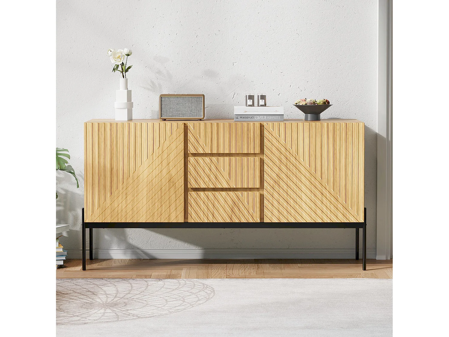 Dressoir met 2 deuren en 3 laden, metalen poten, MDF, zwart + goud (150x40x75 cm)