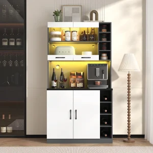 Dressoir met LED, 100x47x187 cm, praktische opbergruimte met USB-aansluitingen, verstelbaar en ontworpen voor keuken en eetkamer